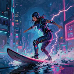 an expressive oil painting of a cyberpunk surfer hacker surfing through synthwave cyberspace, neon lightning cracking at her as she surfs