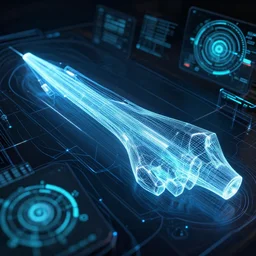 speed, technical diagram, glowing wireframe, future scifi scene, biometric dials and displays in background, high detail, precise lines, angular, vector, biometric sensors, technical diagram