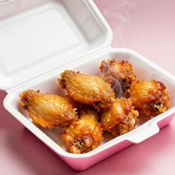 a plate of moondust chicken wings in a pink styrofoam box, the styrofoam box is open, the wings are still warm, steam is emitting from them, hyperrealistic,