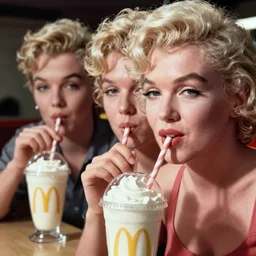 photograph of marilyn monroe drinking a milkshake in mcdonalds, focus on faces, cinematic lighting, unreal engine, steve mccurry, volumetric lighting