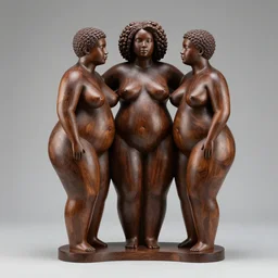 curvy smooth ebony wood sculpture of three beautiful fat androgynous polyamorous black people