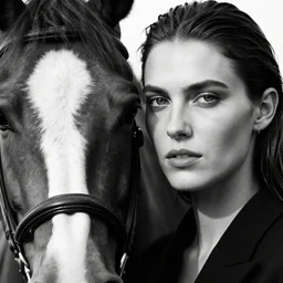 close up of the face of a fashion model standing next to a horse, a black and white photo by russel james, featured on cg society, naturalism, black and white, beautiful, hypnotic