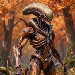 an epic fantasy comic book style portrait painting of a humanoid xenomorph made of wood, studio ghibli, unreal 5, daz, hyperrealistic, octane render, cosplay, rpg portrait, dynamic lighting, intricate detail, harvest fall vibrancy, cinematic