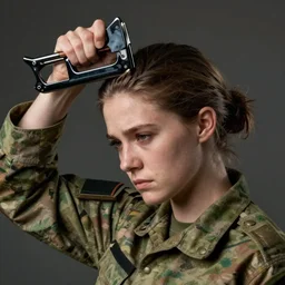a female soldier pressing a staple gun to her own head and looking depressed by thomas kincade realistic, high details