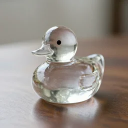 a clear glass duck sitting on a table