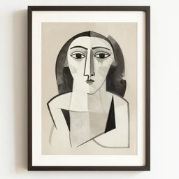 picasso curved lineart portraits, intersected shapes, cubism, boho neutral colors, framed