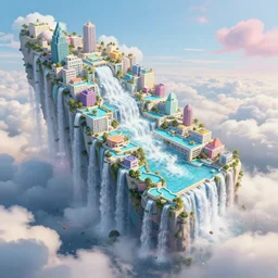 huge gargantuan angular dimension of infinite poolsides, buildings by escher and ricardo bofill. utopian landscape by roger dean. magical realism, surrealism, waterfalls, clouds, mallsoft, vaporwave, trending on artstation, shot from below, epic scale