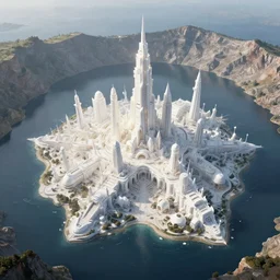 a highly detailed matte painting of futuristic fantasy city built on an island in the center of a crater lake with a river running through it, shining white city, aerial photography, ultrawide lens, art by john collier and albert aublet and krenz cushart and artem demura and alphonse mucha, volumetric lighting, octane render, 4 k resolution, trending on artstation, masterpiece