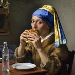 a man eating a hamburger in his bedroom, painted by Johannes Vermeer