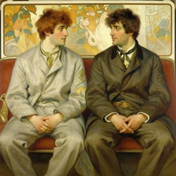 2 attractive men sitting on a coach, painting by gaston bussiere, craig mullins, greg rutkowski, alphonse mucha