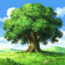 a landscape of a single ancient oak tree, castle in the sky, animated, anime, illustrated, vibrant, overgrown, by kazuo oga, anime on artstation