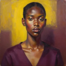 detailed portrait in strong femininity, ethnic, realistic face sculpted features, statuesque model, modern fashion, aggressive streetwear, warm glow, supple, bathed in light, chiaroscuro, specular highlights, angular impressionism, radiosity, plum and yellow color scheme, deep rich tones, contemporary art, oil on canvas