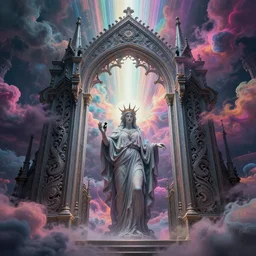 [ palate ] [ nebulous electrified energy ] [ muted neon colors ] intricate giant gothic style portal to purgatory with paisley cloud pattern, god at the gate, award winning composition, vibrant neon nebulous clouds, symmetrical details, hyper realistic illustration, radiant light rays, photorealistic illustration, intricate and fine details, volumetric lighting,