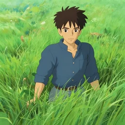 grass, attractive male, in the style of studio ghibli, j. c. leyendecker, greg rutkowski, artgerm