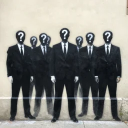 a banksy street art painting of several men in black fbi suits with question marks instead of heads