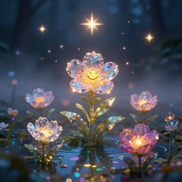 crystalline flowers illuminate the otherworldly dichroic pond, fog, godlight, happy, colorful, glow, stars, golden ratio