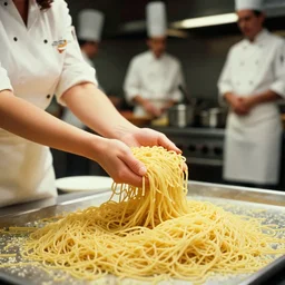 a woman giving birth on a pile of spaghetti, chefs in the background, canon 5 0 mm, cinematic lighting, photography, retro, film, kodachrome