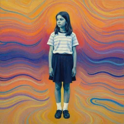 by andre lhote atmospheric. mixed media art. a young girl stands in the center of the frame, looking off to the side. she wears a school uniform with a short skirt & a striped shirt. the background is a vivid, with wavy lines running through it.