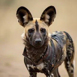 An African wild dog wearing a leather jacket.