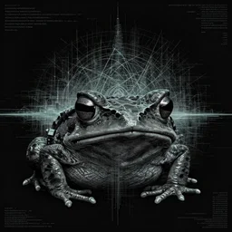 toad head, ryuta ueda artwork, breakcore, technical, abstract, interference, computers, vectors, gloom, space, frequency, subtle glitches, frogs, amphibians, sacred geometry, data, minimal, code, cybernetic, style of jet set radio, dark, eerie, cyber