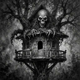 michal karcz grunge painting of the eerie view from a tree house, monster and horror theme. monster theme, detailed, elegant, intricate, 4 k,