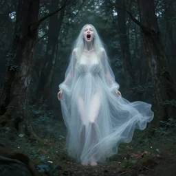 in the style of thomas kinkade, shinsui ito, joshua middleton, transparent female ghost screaming, flowing dress, full body, in the woods, moody lighting, dark fantasy