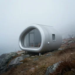 the tiny cabin made of panels of ZINK cladding in Norvegia coast side, foggy day, hyper realistic, Future design, architecture design, foggy, organic form, foggy, environment, Cinematography, mega scans, sloped site, cinematic, hyper realistic, photo real, cinematic composition, highly detailed, vray, 8k render - H 1024