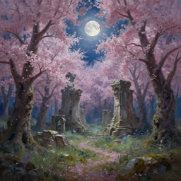 a beautiful painting of elven ruins in a cherry blossom forest, volumetric lighting, moonlit by greg rutkowski and kalin popov, trending on artstation, masterpiece,