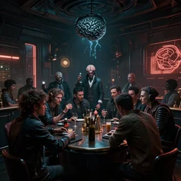 low wide perspective photo of a cerebral hack happening in the corner of a crowded bar at midnight, cyberpunk, 3 d render, by wayne barlowe, by beeple, by artgerm, beksinski, rutkowski, peter gric, photorealistic, cinematic dramatic lighting, ominous electric atmosphere, album cover art, blade runner 2 0 4 9, masterpiece