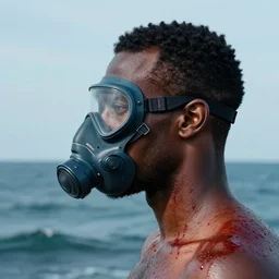 a portrait of a black man :: side profile :: blood :: background sea :: intricate details :: futuristic oxygen mask :: 8k :: simon stalenhag and Sandra Chevrier