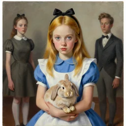 pop surrealism, lowbrow art, realistic cute alice girl painting, holding bunny, hyper realism, muted colours, rococo, natalie shau, loreta lux, tom bagshaw, mark ryden, trevor brown style,