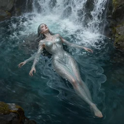 a full body portrait of a beautiful post apocalyptic offworld nordic necromancer swimming by the waterfalls, intricate, elegant, highly detailed, digital painting, artstation, concept art, smooth, sharp focus, illustration, art by krenz cushart and artem demura and alphonse mucha