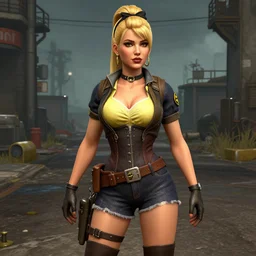 nuclear age blonde pinup in the style of Fallout 4, 3D game art
