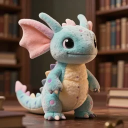 A full body portrait of a cute plush Langford basilisk in pastel colors and polka dots, in a library, depth of field, hyperdetailed , loose cropping