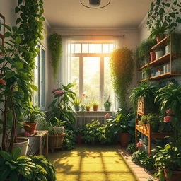 room in an apartment overgrowing with plants and vegetation, afternoon sun, highly detailed, trees, flowers, by moebius