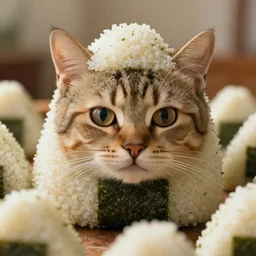 a very high resolution image from a new movie. a cat covered in onigiri. close up, 2 0 0 mm, photorealistic, photography, directed by wes anderson
