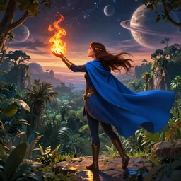 high definition illustration of young mage woman with long blue cape, fire in outstretched hand, flowing brown hair, enjoying the view of a horizon of close planets in the sky, dense jungle, high definition, extremely detailed, 8 k, oled, beautiful lighting, shadows, reflections