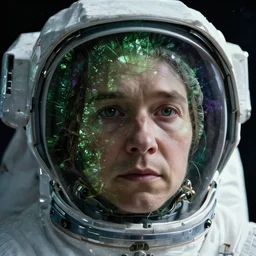extreme close up astronaut portrait, solemn face, double exposure trees, green [ [ [ crystal ] ] ] forest, amethyst, beautiful dynamic lighting, cinematic, wide angle establishing shot, extremely high detail, photo realistic, cinematic lighting, matte painting, interstellar, greg rutkowski, roger deakins