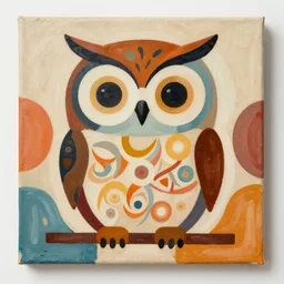 owl, mixed media, abstract on canvas, gouache paint, matte colors, nostalgiacore, vintage, 1 9 5 0's decor, retro, intricate maximalism, flat shading, voronoi, groovy, low fi,