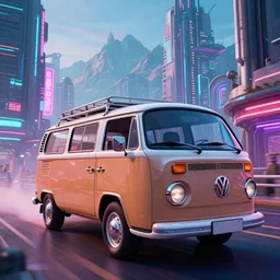 epic professional digital art of photorealistic synthwave vw type ii van driving through neon cyberpunk futuristic city towers, mountains in background, detailed, intricate, sporty mood, fun