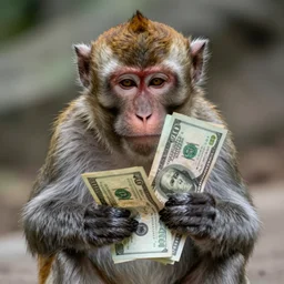 Photograph of a monkey holding money bills, 4k, highly detailed, full hd
