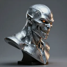 hyperrealistic highly detailed side bust of chrome Jötunn smirking sharp concept art wayne barlowe hannah yata cinematic lighting 8k low angle shallow depth of field