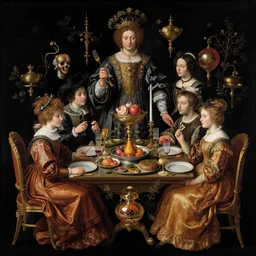 victorian thanksgiving feast, black background, vanitas, still life by giuseppe arcimboldo, intricate high detail masterpiece
