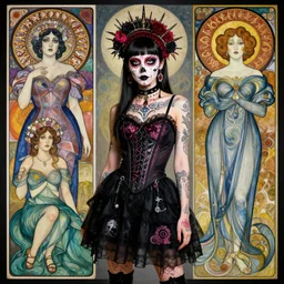 cute punk goth fashion fractal Día de los Muertos tattoed girl posing by Zhang Jingna, surreal Dada collage by Man Ray Kurt Schwitters Hannah Höch Alphonse Mucha