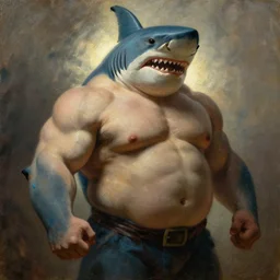 subject: muscular oversized shark warrior in medium shot backlight portrait, style:  very heavy textured rembrandt oil painting with dramatic light