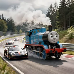 Thomas the Tank Engine at the Nurburgring Nordschleife setting a hot lap with other sports cars