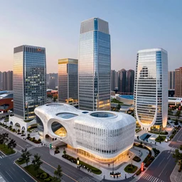 several white future marble office building clusters with cultural characteristics of xi'an, china, photos, modern architecture, human perspective, intrinsically detailed, trending in artstation, unreal engine, octane render, organic, unreal engine, octane render, 3 d, brilliantly colored, inter, ultra wide angle, trending on artstation, dusk, volumetric lighting, hdr, policed, micro details, ray tracing, by louis kahn and moshe safdie and norman foster + tadao