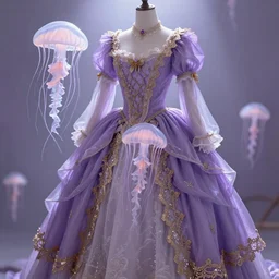 purple dress design in the style of rococo ,Victorian era，jellyfish element,Gold lace element,dreamy, soft ,Backlight ,luminescence,Aetherpunk,highly detailed,8k