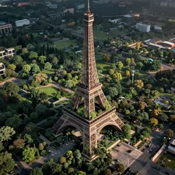 an aerial shot of a post - apocalyptical paris overtaken by vegetation