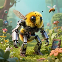 A humanoid bumble bee part robot machine surrounded by flora, machine, beeple, artstation, 4k resolution matte painting